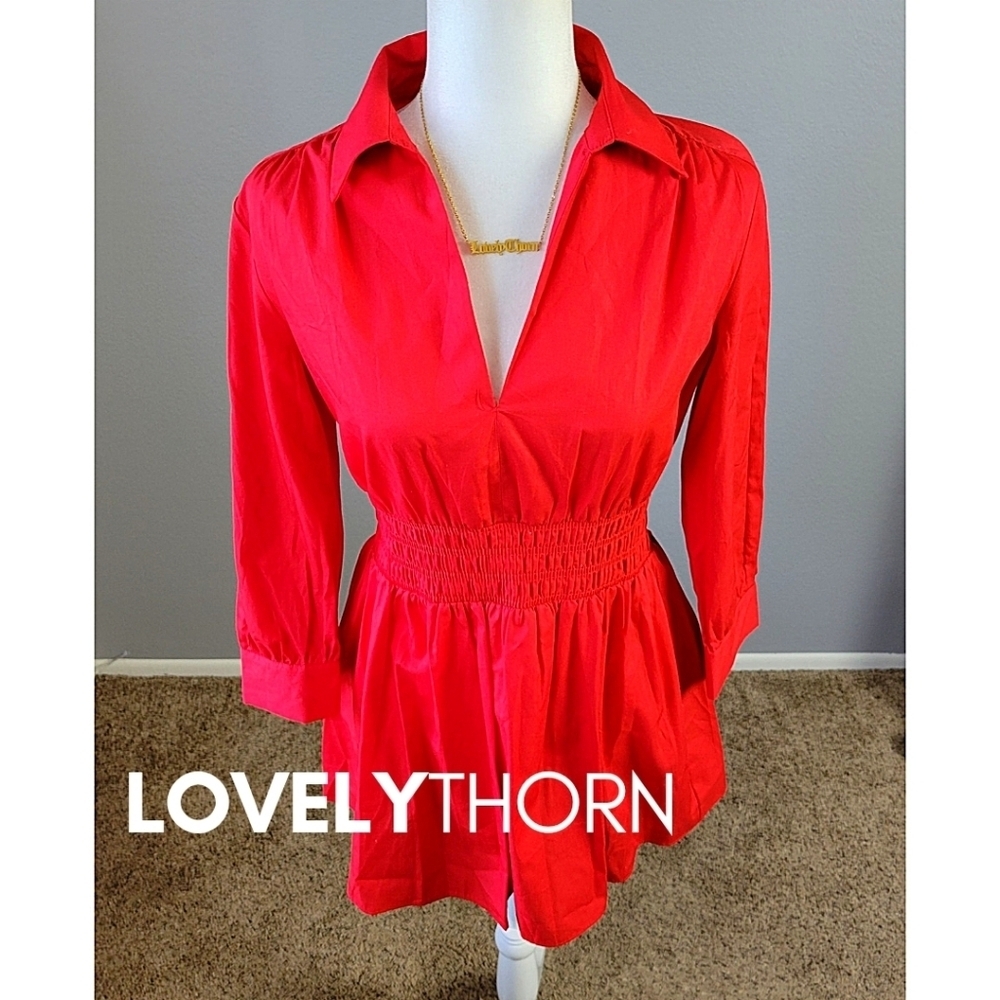 ZARA // retro-chic red poplin collar smock waist long sleeve plunge mini dress - Picture 6 of 16